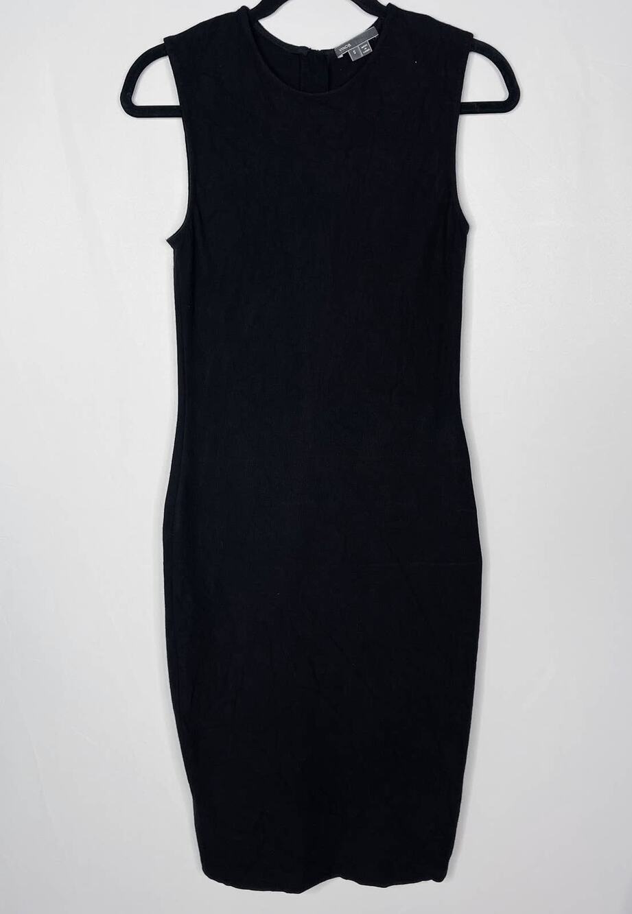 Vince Small Black Ribbed Pencil Midi Dress Sleeveless Zip Back Bodycon Crew Neck